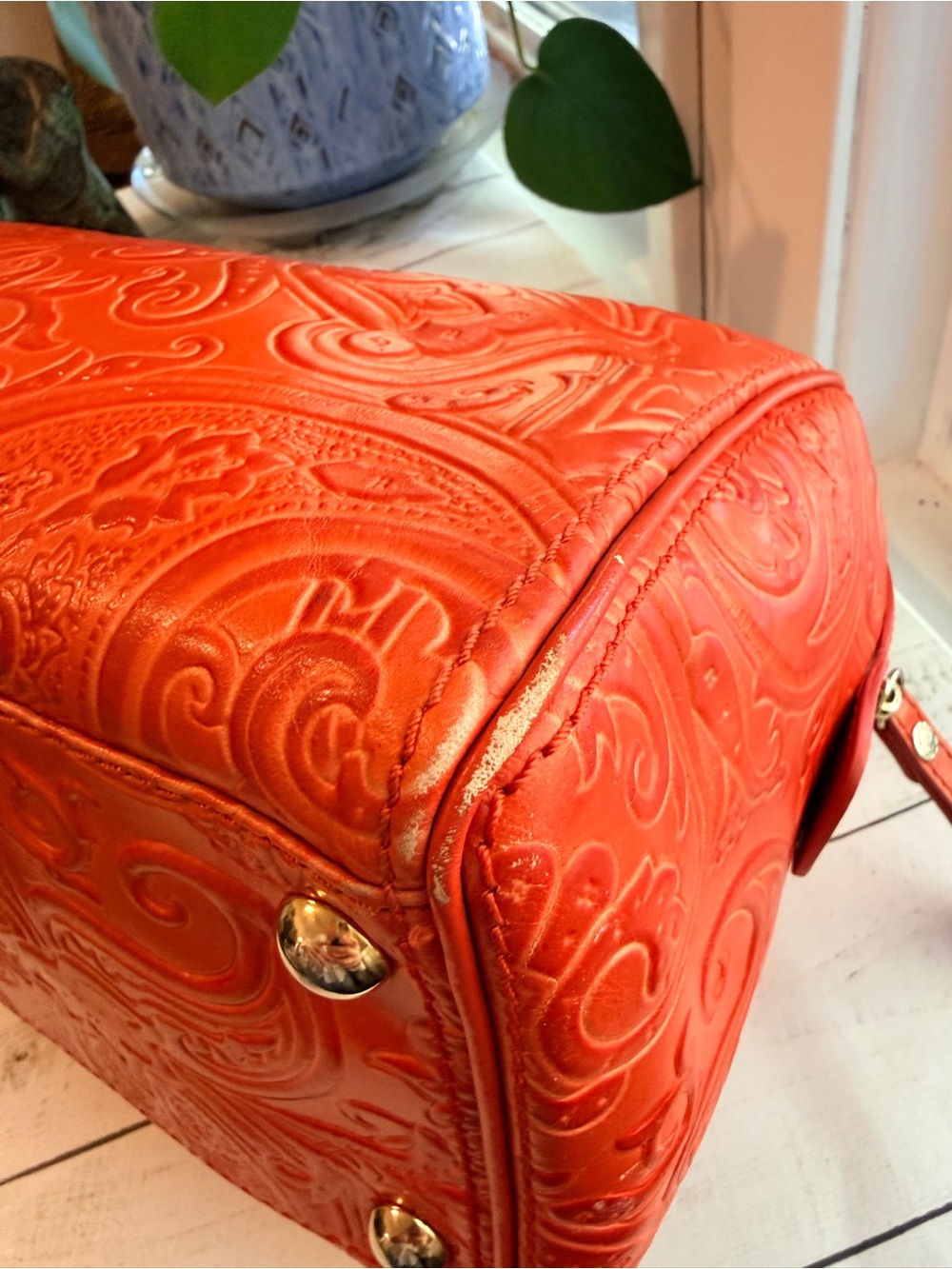 Etro Burnt Orange Paisley Embossed Leather Satchel Boston Bag - Picture 12 of 15